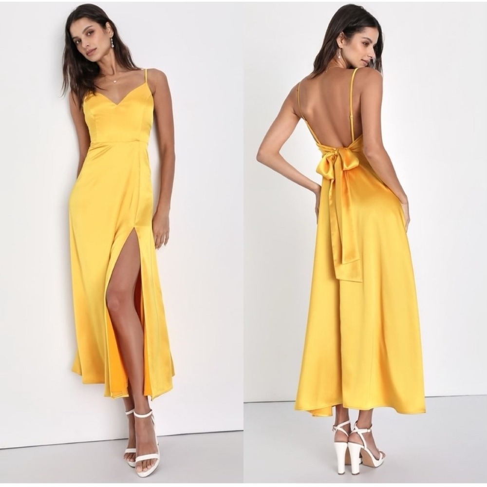 Lulus Always Audacious Dress Womens S Yellow Satin Tie-Back Midi‎ Wedding Guest
